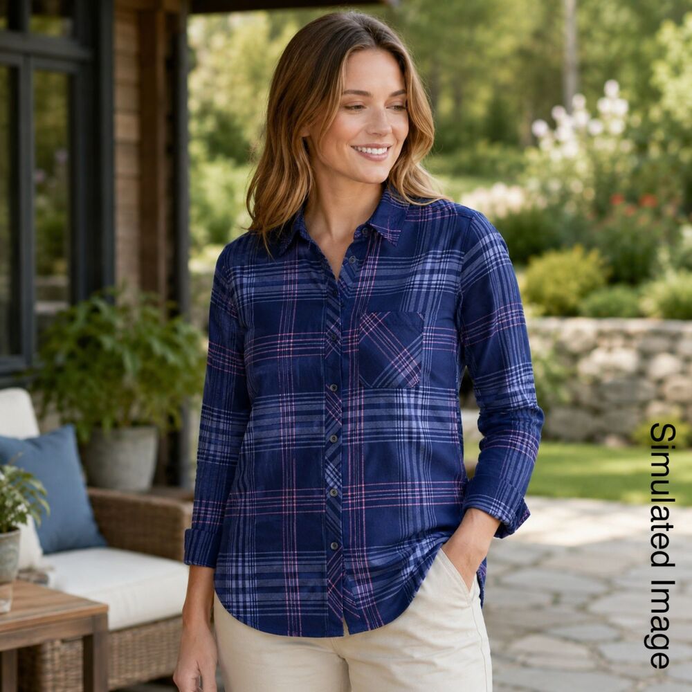 Orvis Classic Collection Shirt Womens Medium Navy Plaid Button Up Roll Tab